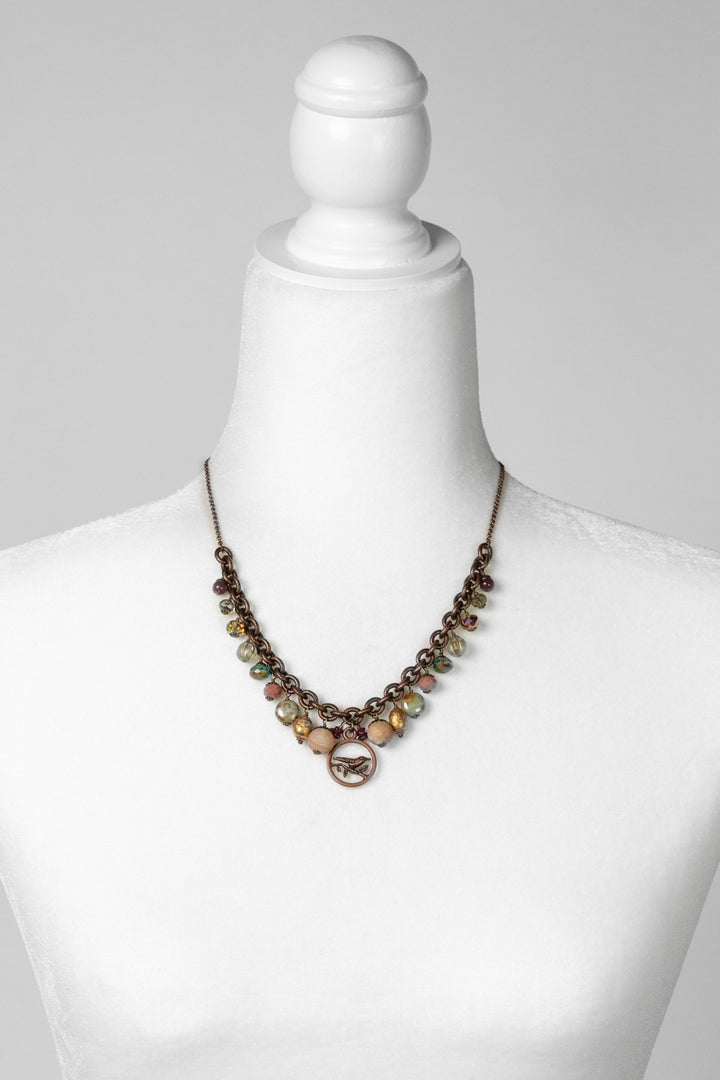 Mauve Mix 17-19" Druzy Agate, Czech Glass, Garnet, Lepidolite With Copper Plated Brass Bird On Tree Limb Statement Necklace