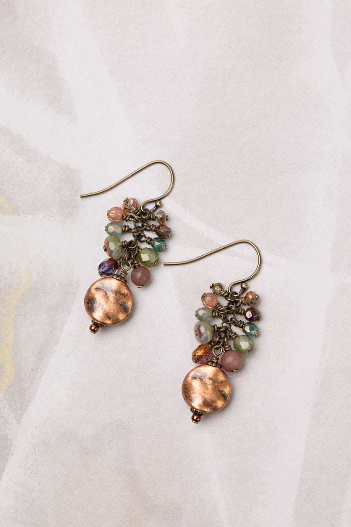 Mauve Mix Czech Glass, Strawberry Quartz With Hammered Copper Coin Cluster Earrings