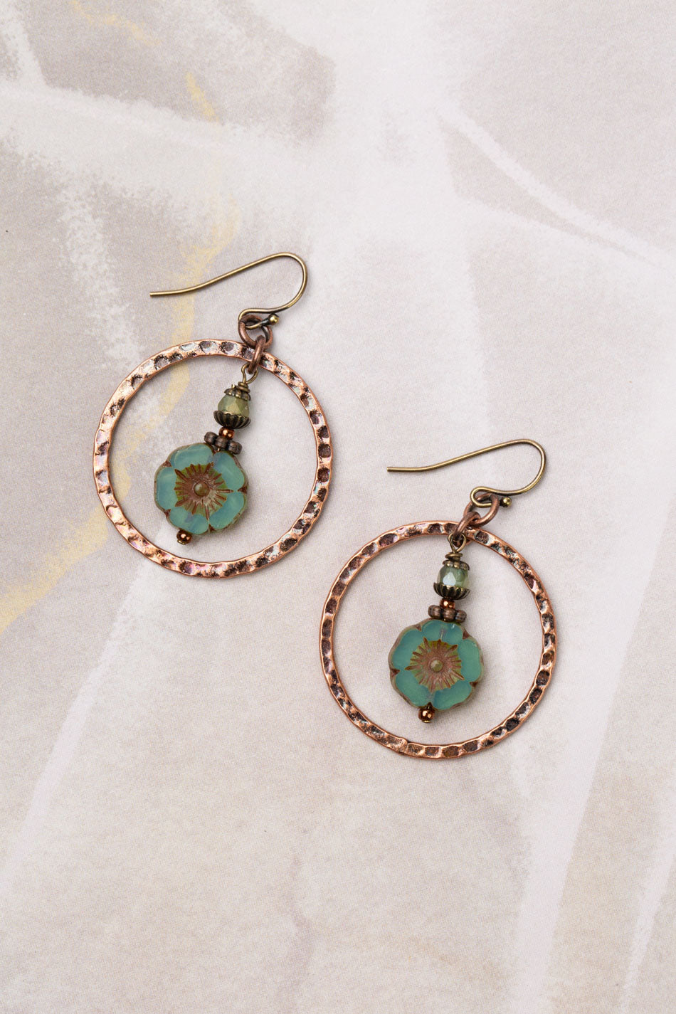 Mauve Mix Czech Glass with Hammered Antique Copper Plated Brass Hoop Hoop Earrings