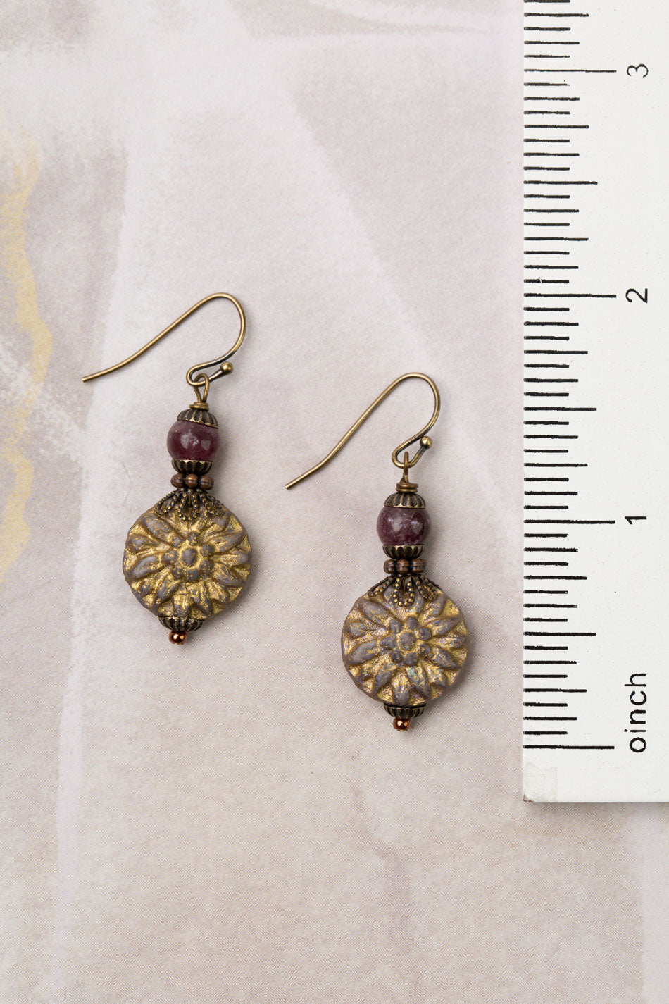 Mauve Mix Lepidolite With Czech Glass Etched Flower Simple Earrings