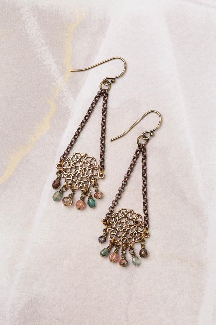 Mauve Mix Ornate Antique Copper With Czech Glass Dangle Earrings