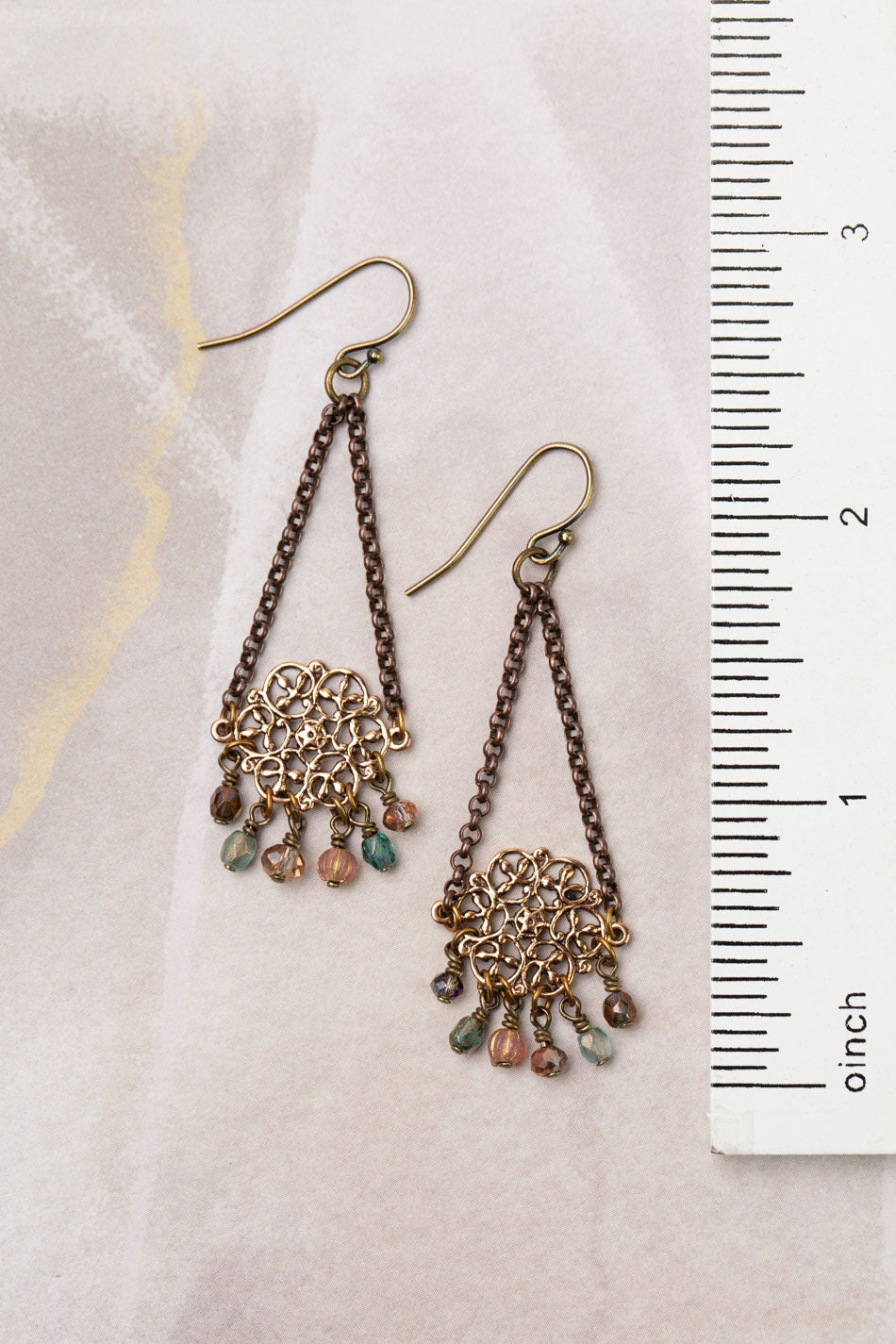 Mauve Mix Ornate Antique Copper With Czech Glass Dangle Earrings