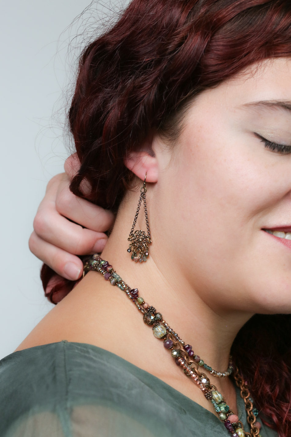 Mauve Mix Ornate Antique Copper With Czech Glass Dangle Earrings
