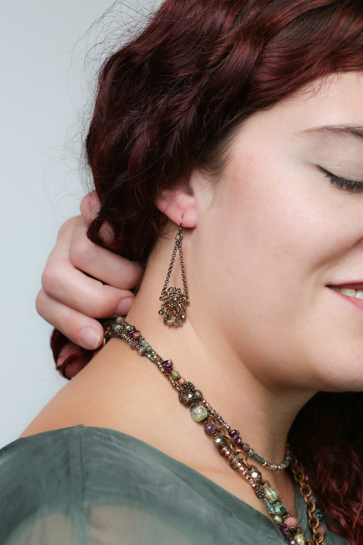 Mauve Mix Ornate Antique Copper With Czech Glass Dangle Earrings