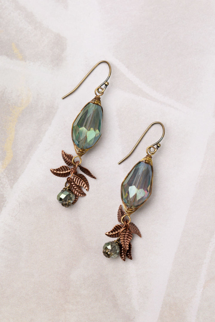 Mauve Mix Faceted Crystal Drop With Antique Copper Leaves And Czech Glass Dangles Herringbone Earrings