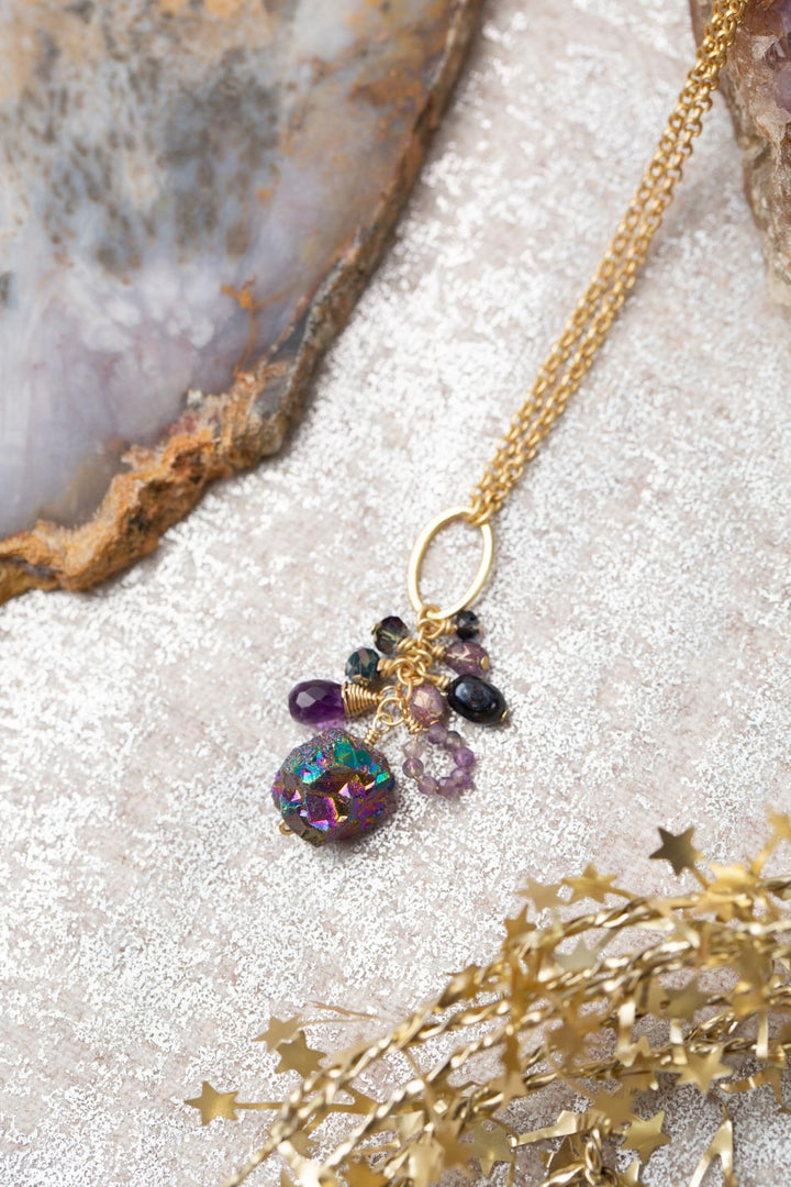 Midnight 18-20" Amethyst, Czech Glass, Crystal With Coated Pyrite Cluster Necklace