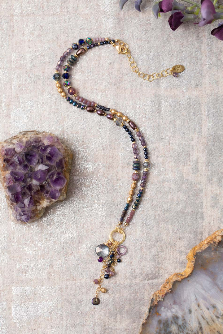 Midnight 18-20" Amethyst, Czech Glass, Pearl With Purple Topaz Tassel Necklace