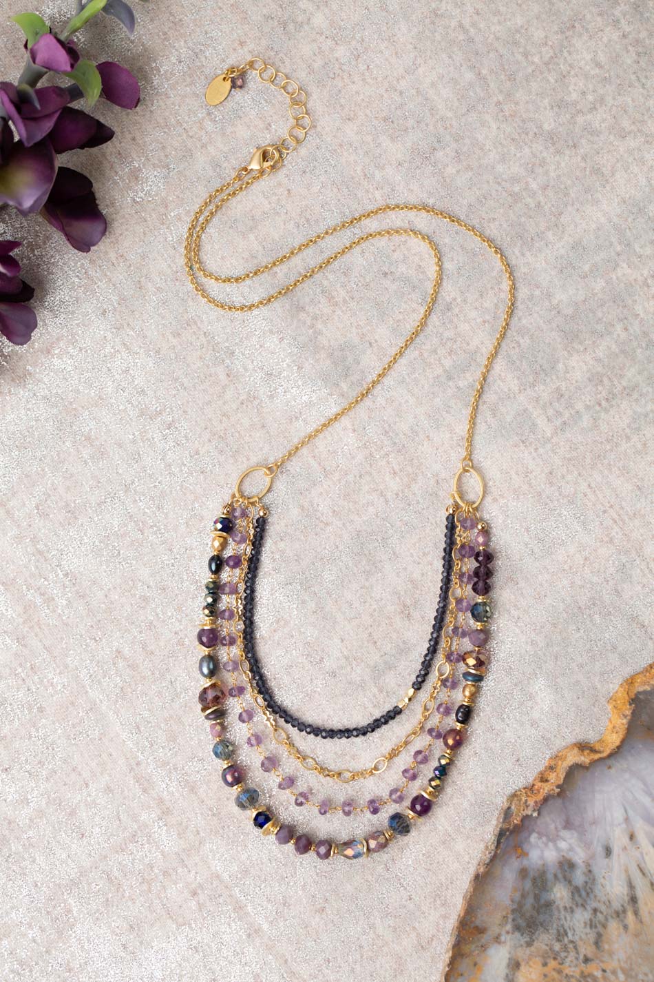 Midnight 24-26" Amethyst, Czech Glass, Pearl Multistrand Necklace