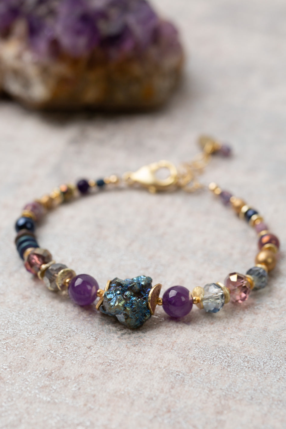 Midnight 7.5-8.5" Amethyst, Czech Glass, Crystal With Coated Pyrite Simple Bracelet