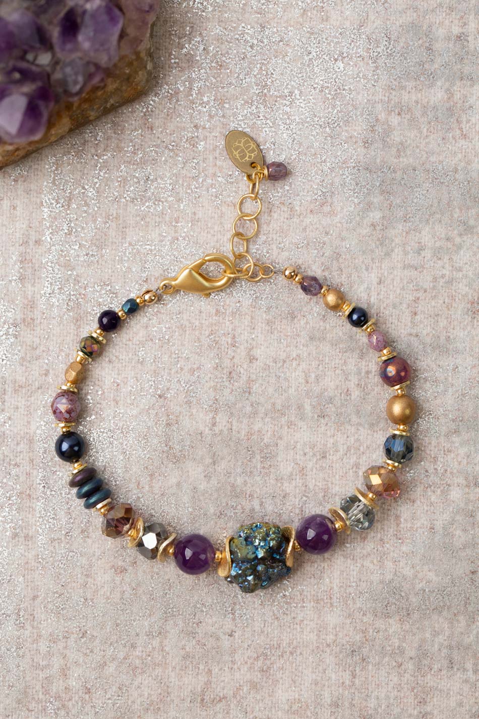 Midnight 7.5-8.5" Amethyst, Czech Glass, Crystal With Coated Pyrite Simple Bracelet