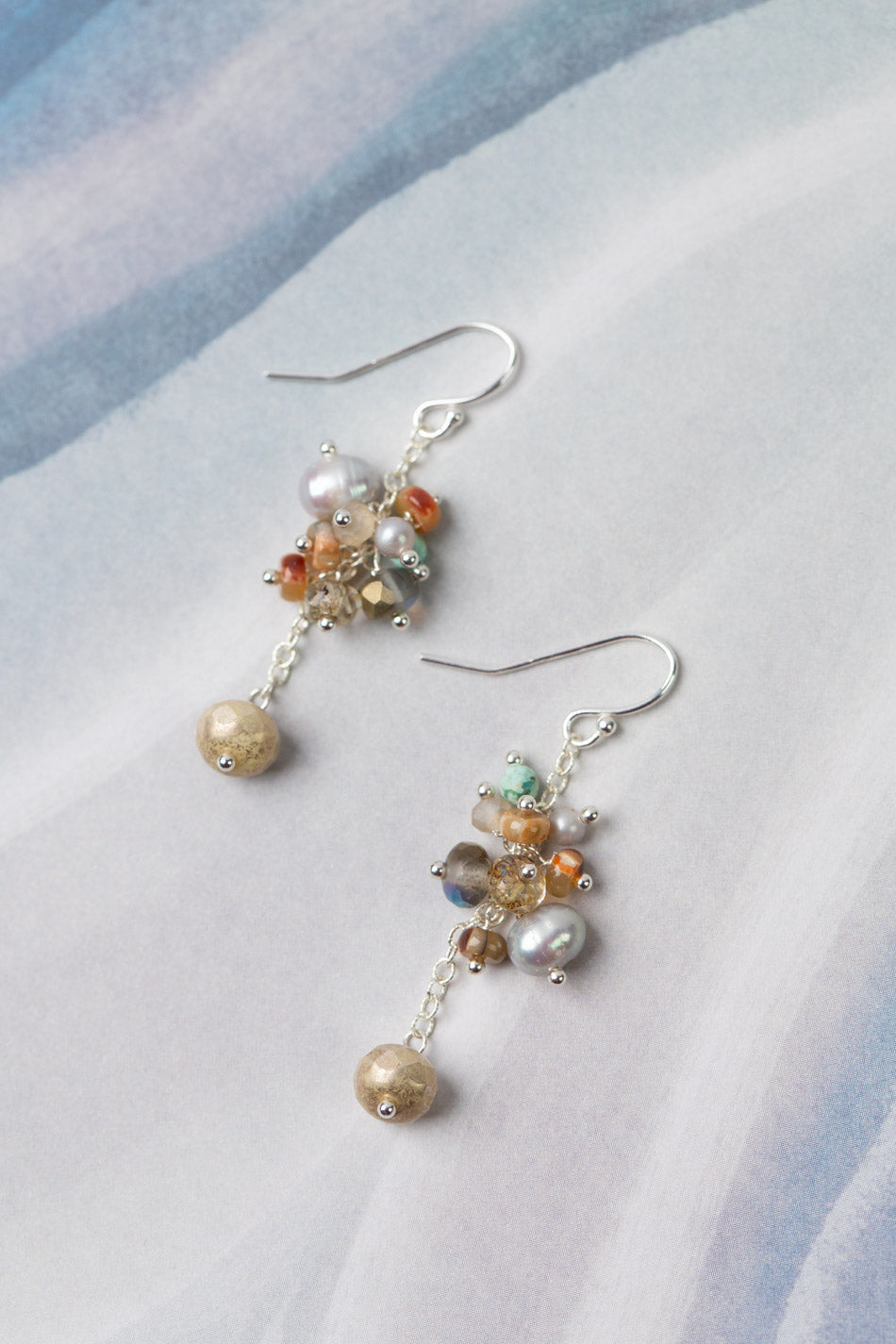 Mystic Turquoise, Pearl, Czech Glass Cluster Earrings