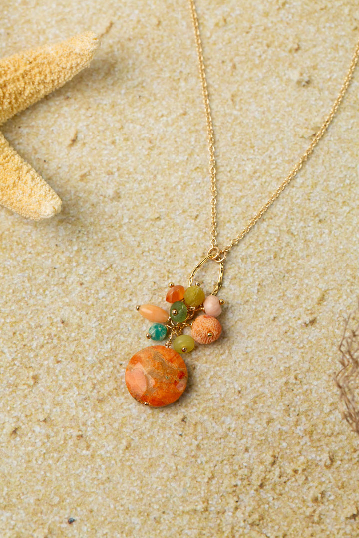 Mango Tango 16-18" Natural Orange Turquoise With Roman Glass, Carnelian, Turquoise, Jade Cluster Necklace