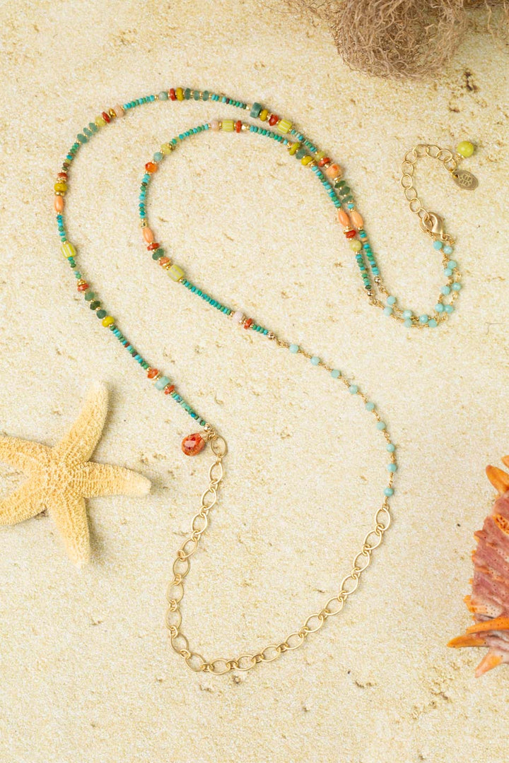 Mango Tango 36.5-38.5" Roman Glass, Carnelian, Red Jasper, Turquoise, Amazonite Collage Necklace