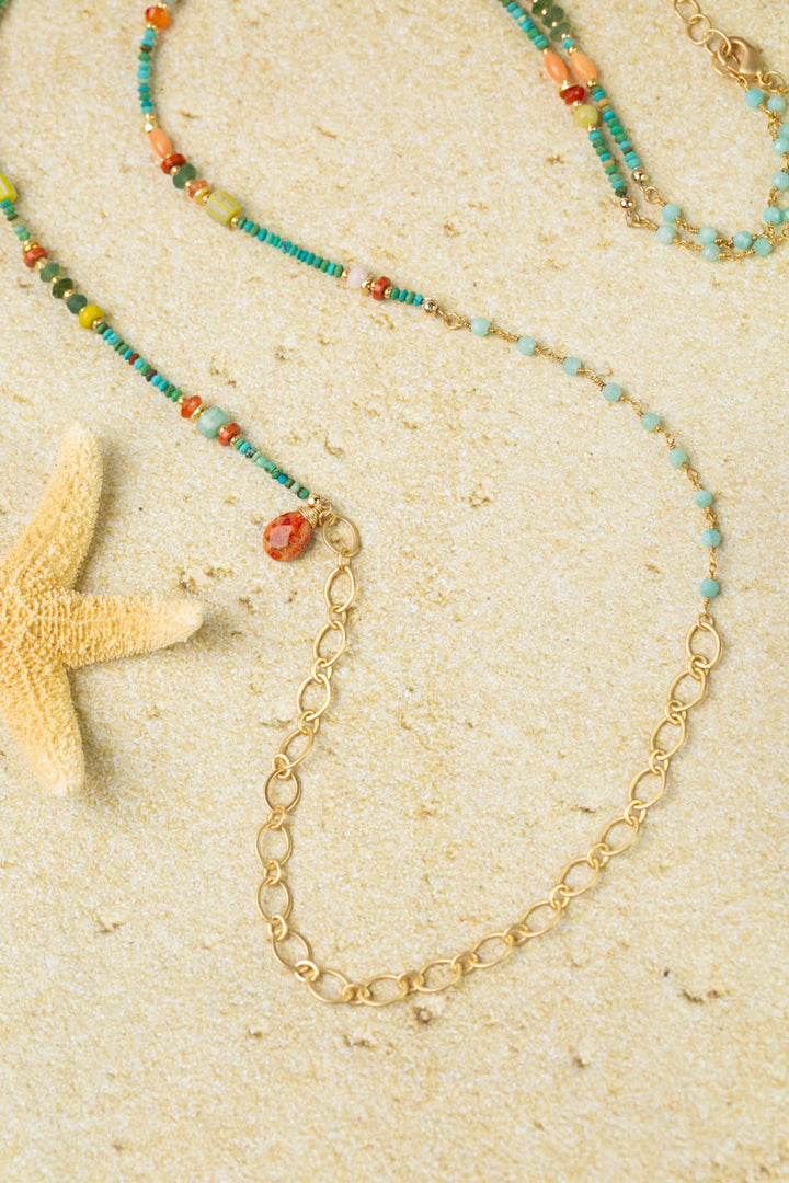 Mango Tango 36.5-38.5" Roman Glass, Carnelian, Red Jasper, Turquoise, Amazonite Collage Necklace
