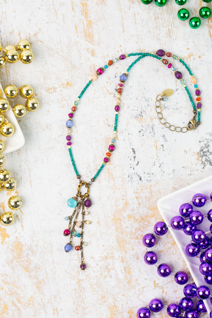 Mardi Gras 17.5-19.5" Czech Glass, Chalcedony Tassel Necklace
