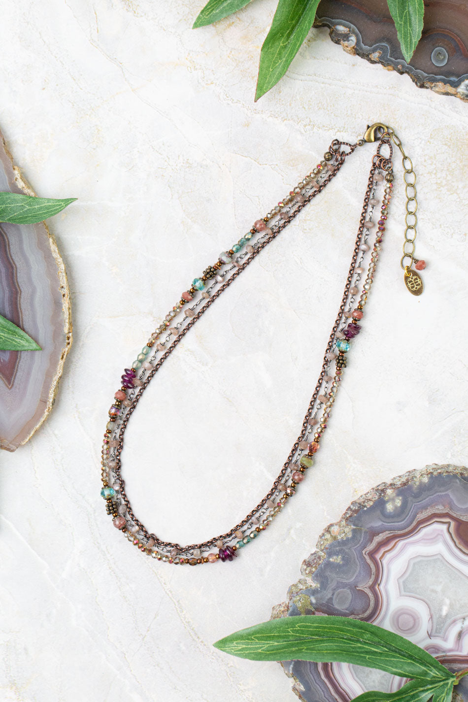 Mauve Mix 21-23" Czech Glass, Crystal, Lepidolite Quartz Multistrand Necklace