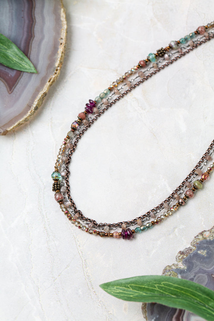 Mauve Mix 21-23" Czech Glass, Crystal, Lepidolite Quartz Multistrand Necklace