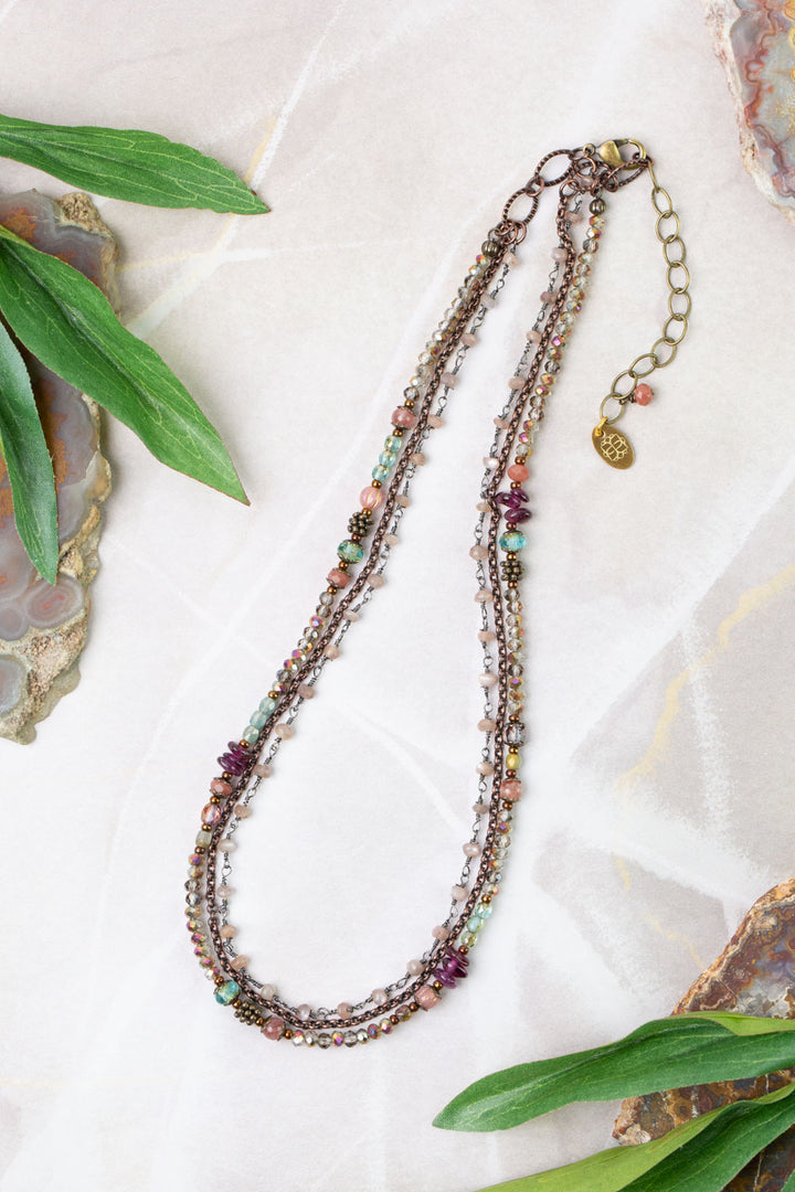 Mauve Mix 21-23" Czech Glass, Crystal, Lepidolite Quartz Multistrand Necklace