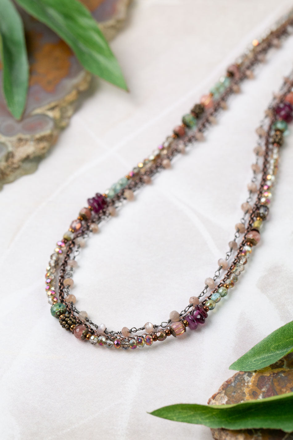 Mauve Mix 21-23" Czech Glass, Crystal, Lepidolite Quartz Multistrand Necklace