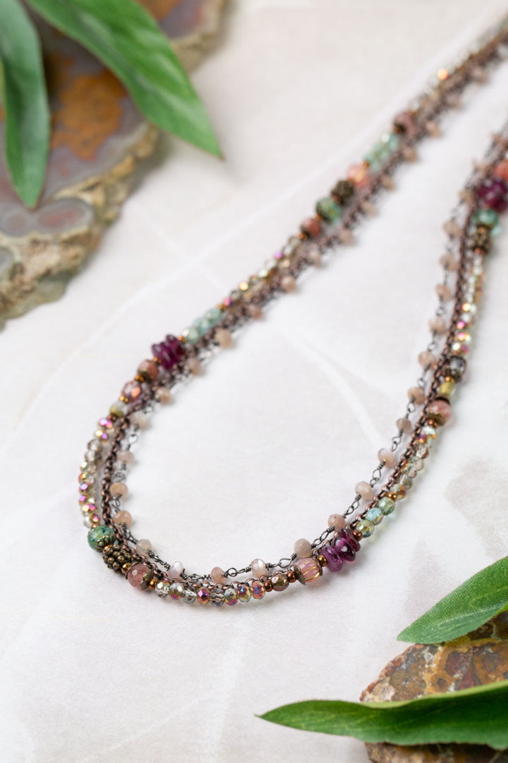 Mauve Mix 21-23" Czech Glass, Crystal, Lepidolite Quartz Multistrand Necklace