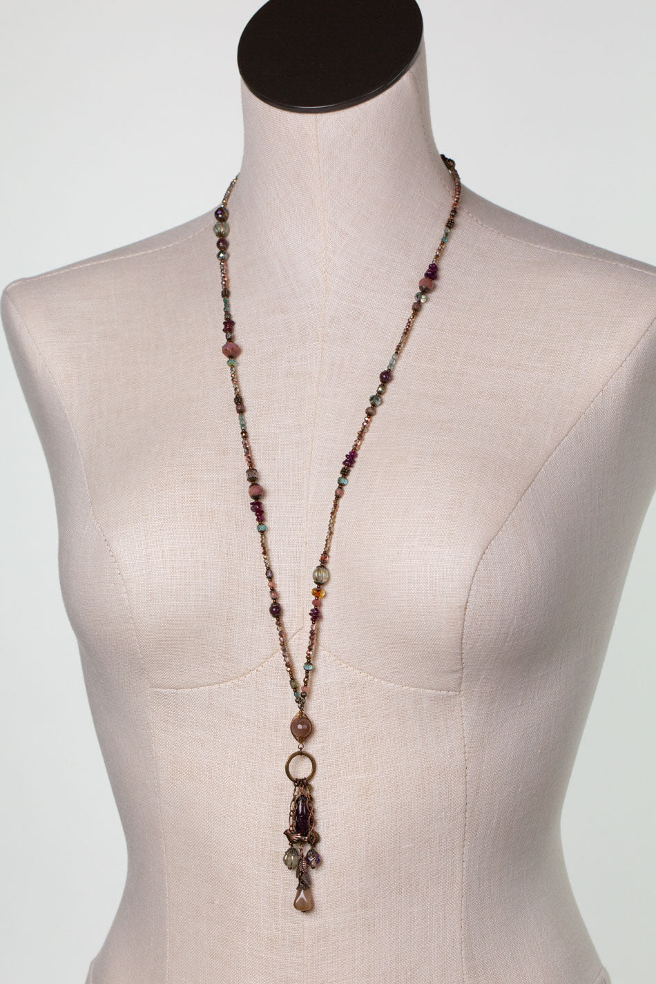 Mauve Mix 32.5 Peach Moonstone, Lepidolite, Czech Glass Lariat Necklace