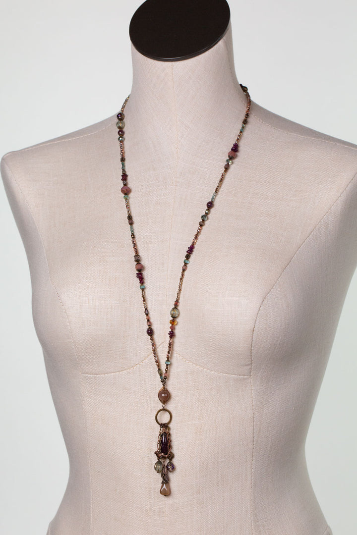 Mauve Mix 32.5 Peach Moonstone, Lepidolite, Czech Glass Lariat Necklace