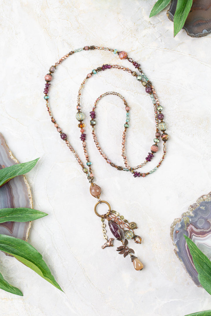 Mauve Mix 32.5 Peach Moonstone, Lepidolite, Czech Glass Lariat Necklace
