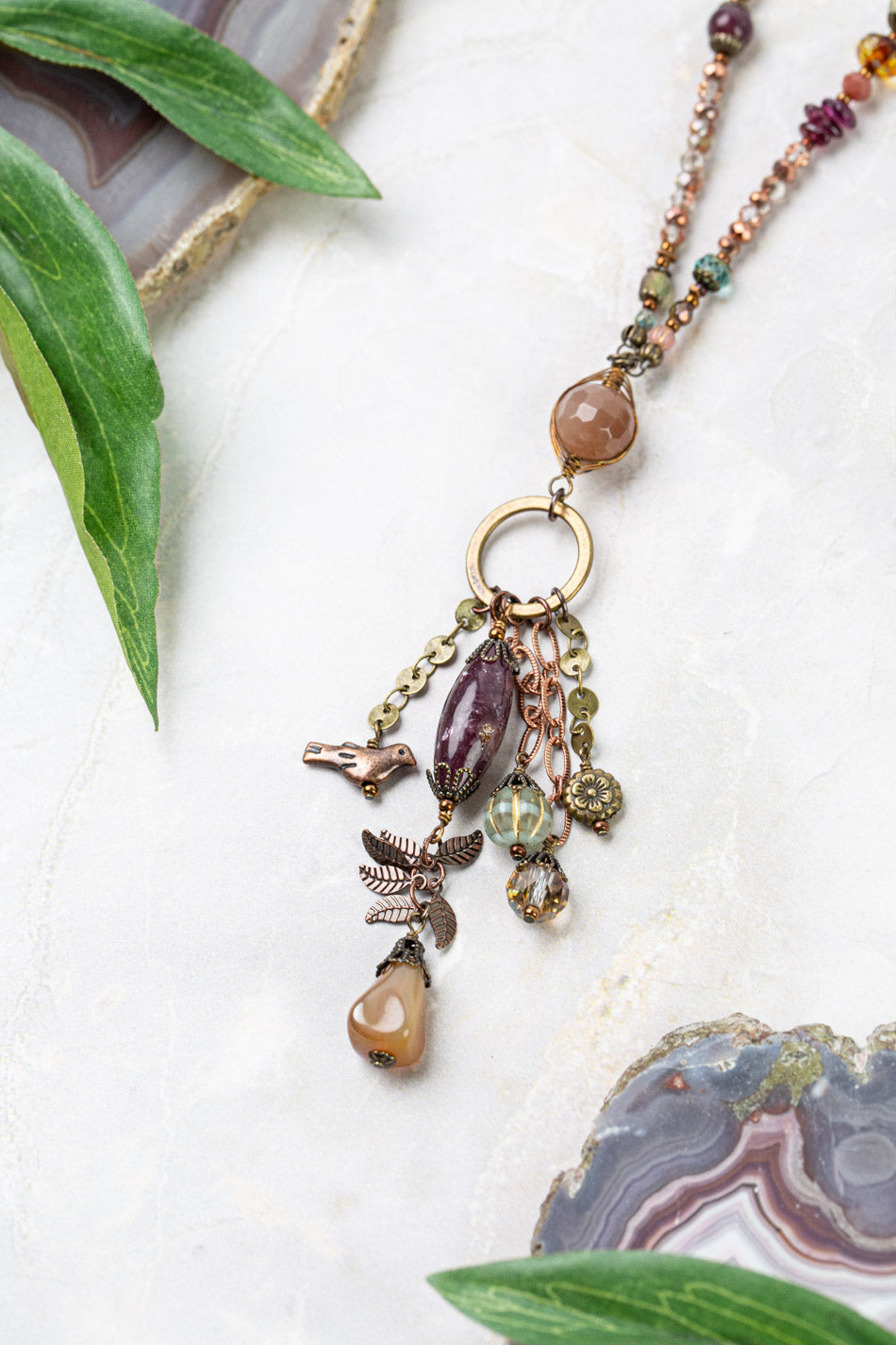 Mauve Mix 32.5 Peach Moonstone, Lepidolite, Czech Glass Lariat Necklace