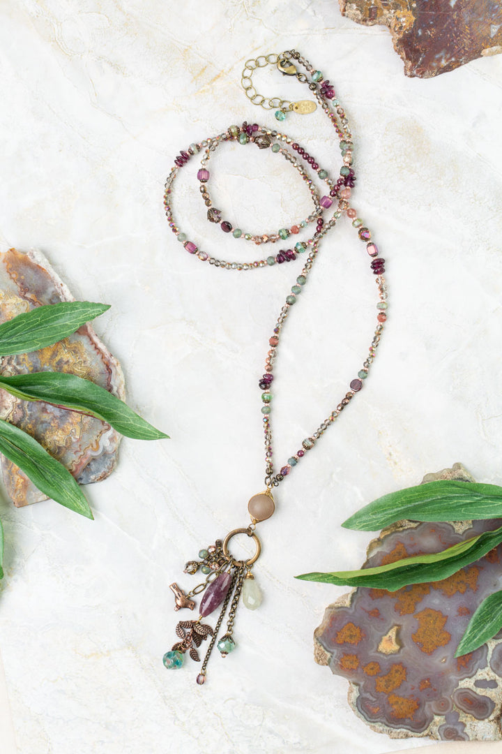 Mauve Mix 30.5-32.5 Garnet, Moonstone, Lepidolite, Czech Glass Lariat Necklace