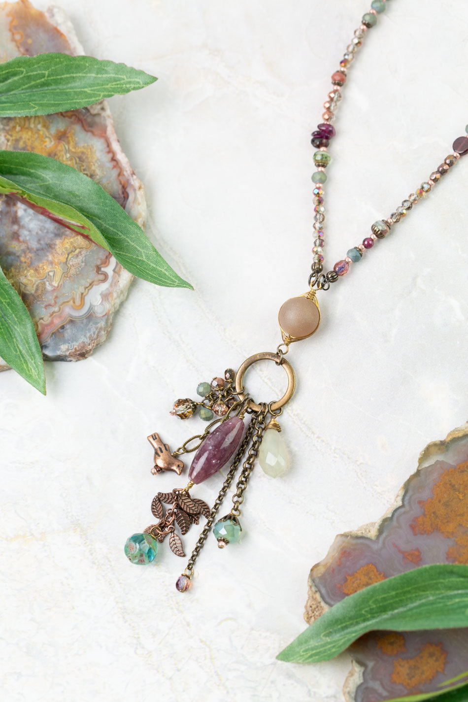 Mauve Mix 30.5-32.5 Garnet, Moonstone, Lepidolite, Czech Glass Lariat Necklace