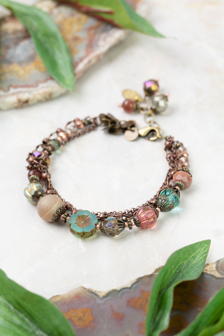 Mauve Mix 7.5-8.5" Czech Glass, Crystal, Lepidolite Quartz, Multistrand Bracelet