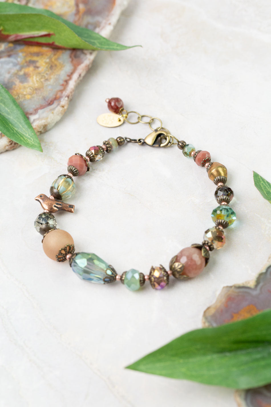 Mauve Mix 7.5-8.5" Czech Glass, Crystal, Lepidolite Quartz Simple Bracelet