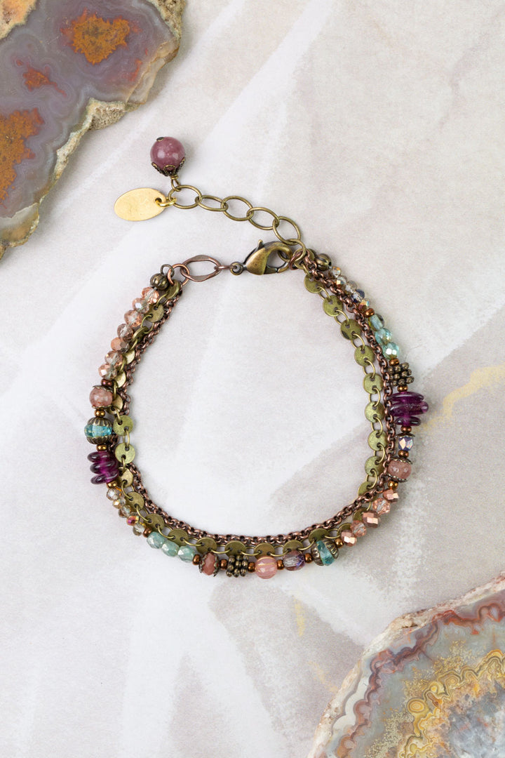 Mauve Mix 7.5-8.5" Czech Glass Crystal Lepidolite Quartz Multistrand Bracelet