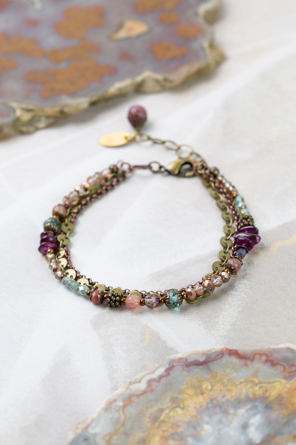 Mauve Mix 7.5-8.5" Czech Glass Crystal Lepidolite Quartz Multistrand Bracelet