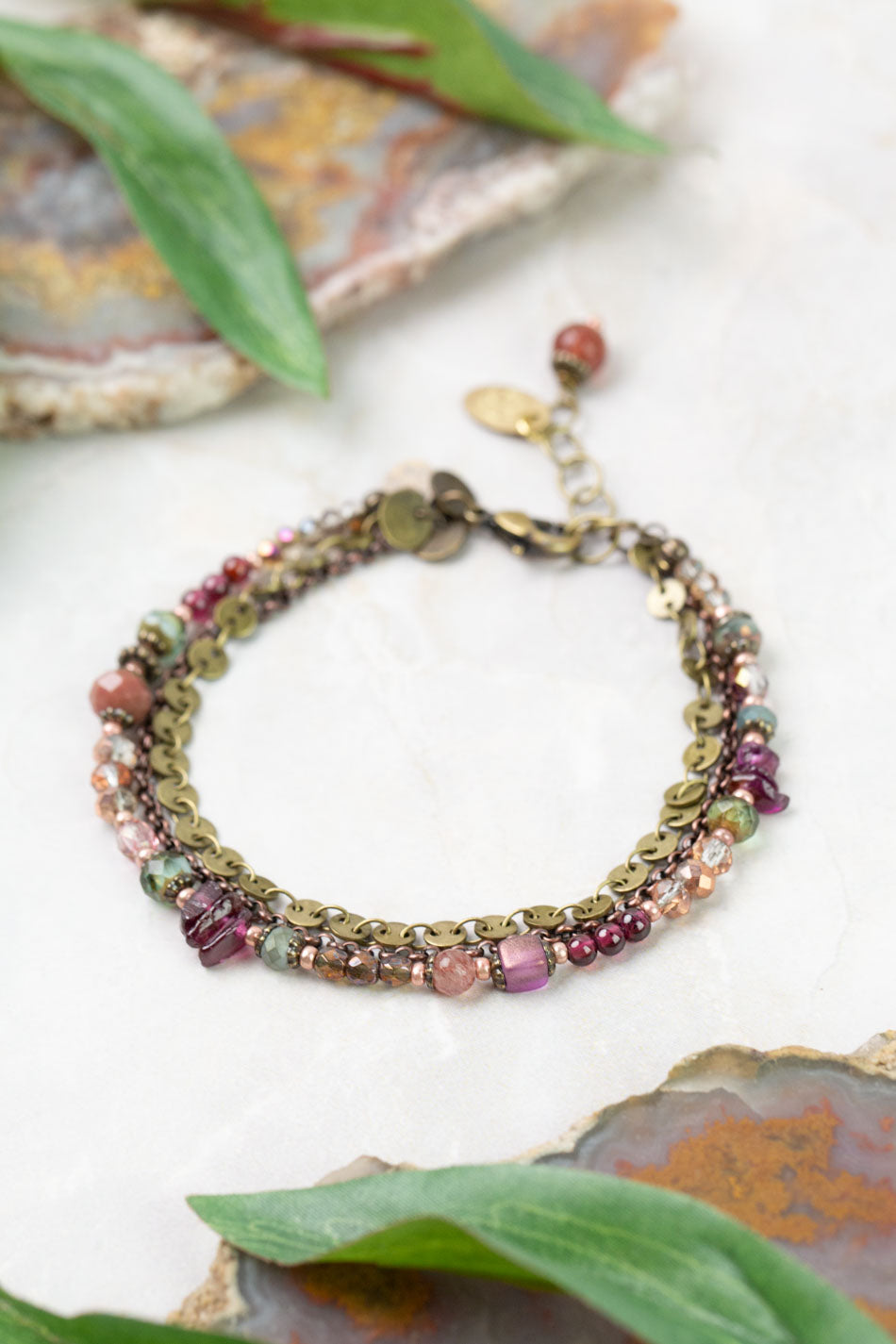 Mauve Mix 7.5-8.5" Czech Glass, Garnet, Lepidolite Quartz Multistrand Bracelet