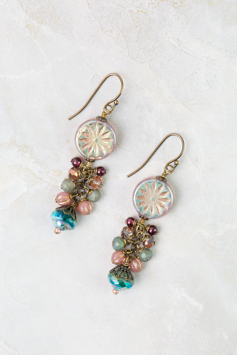 Mauve Mix Garnet, Crystal, Czech Glass Flower Cluster Earrings