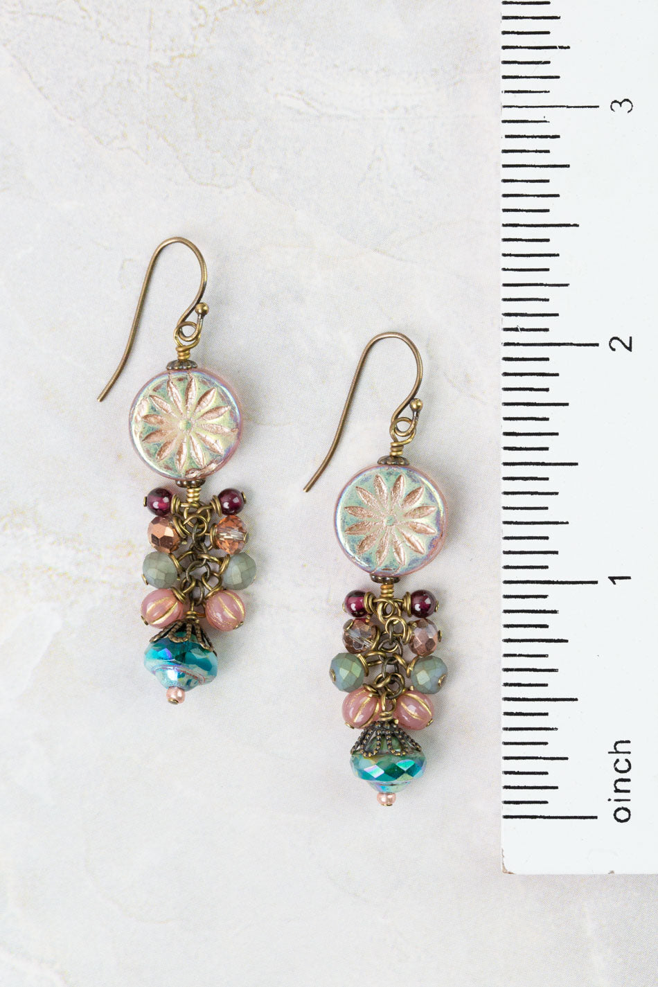 Mauve Mix Garnet, Crystal, Czech Glass Flower Cluster Earrings