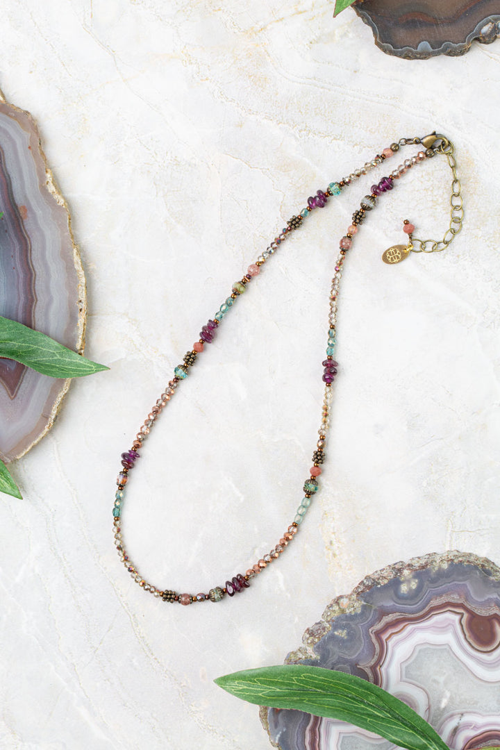 Mauve Mix 16.5-18" Garnet, Czech Glass, Lepidolite, Strawberry Quartz Collage Necklace