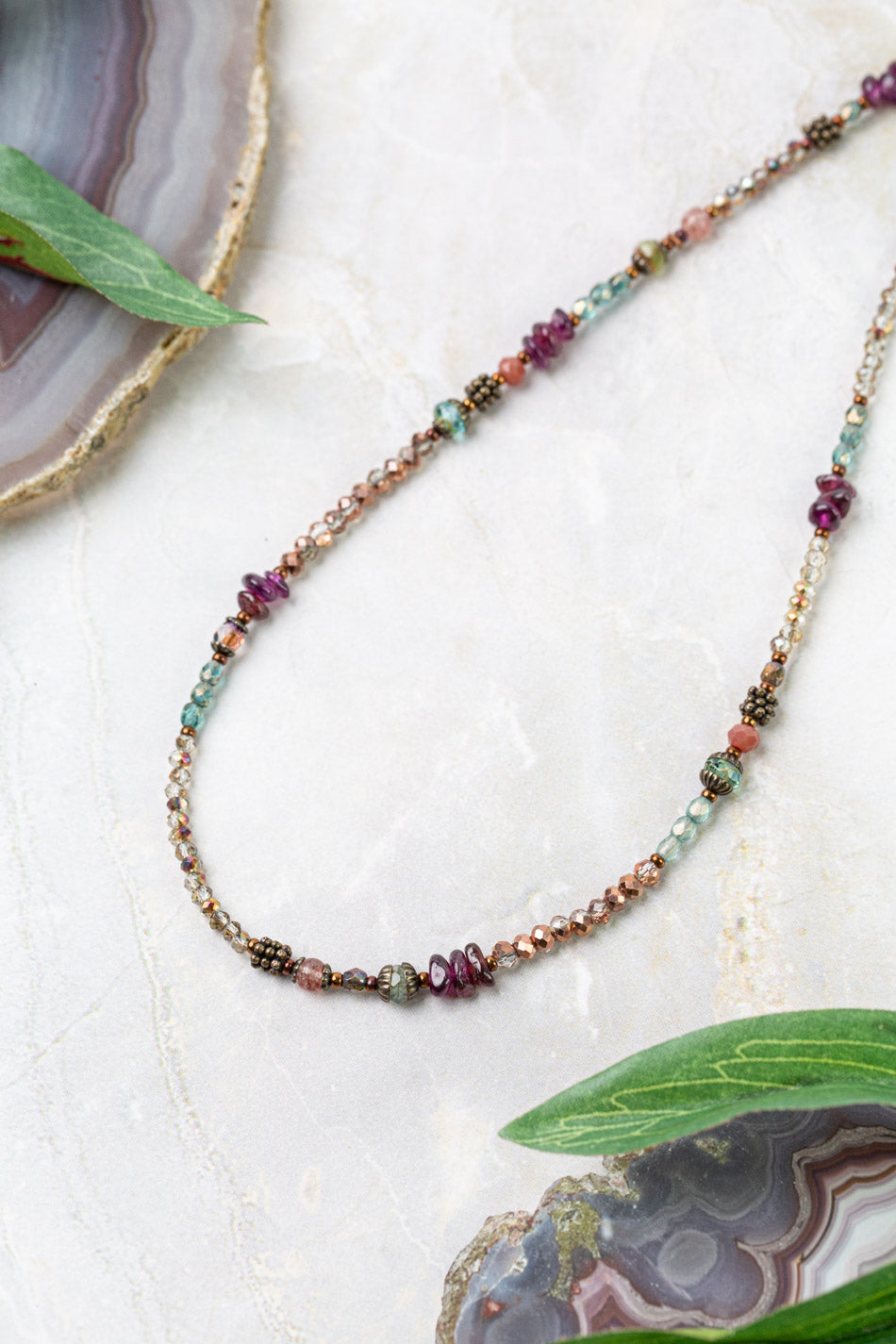 Mauve Mix 16.5-18" Garnet, Czech Glass, Lepidolite, Strawberry Quartz Collage Necklace