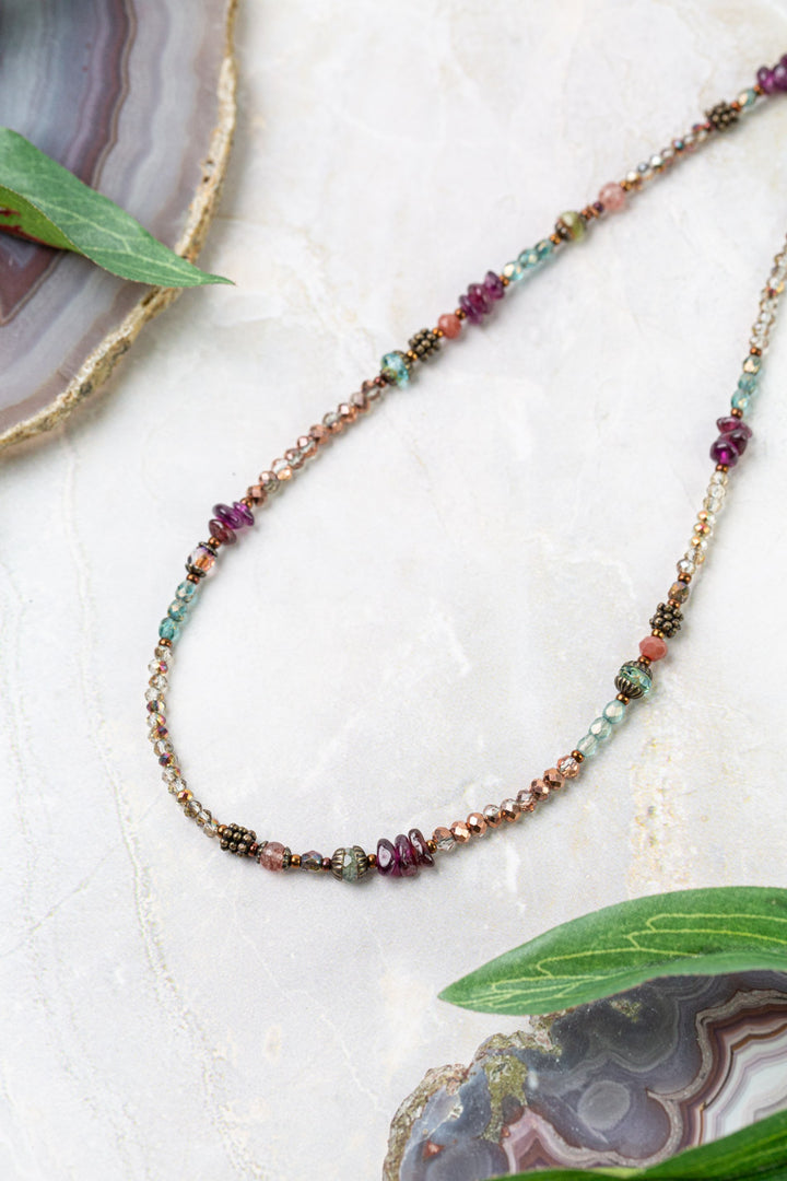 Mauve Mix 16.5-18" Garnet, Czech Glass, Lepidolite, Strawberry Quartz Collage Necklace