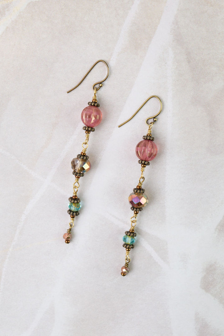 Mauve Mix Czech Glass, Crystal Cascading Dangle Earrings