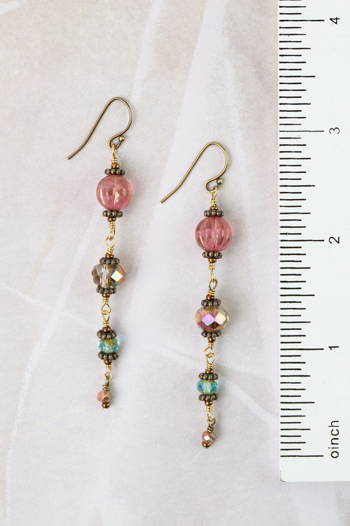 Mauve Mix Czech Glass, Crystal Cascading Dangle Earrings