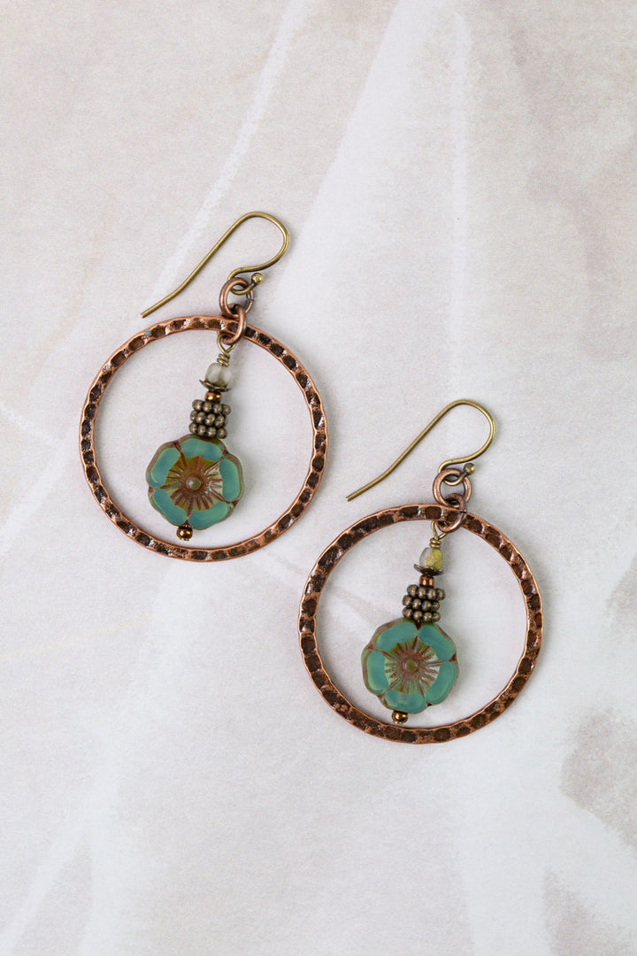 Mauve Mix Czech Glass with Hammered Antique Copper Plated Brass Hoop Hoop Earrings