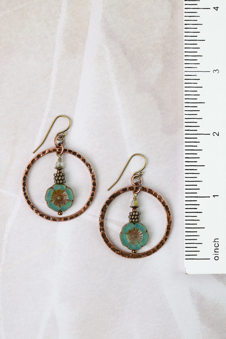 Mauve Mix Czech Glass with Hammered Antique Copper Plated Brass Hoop Hoop Earrings