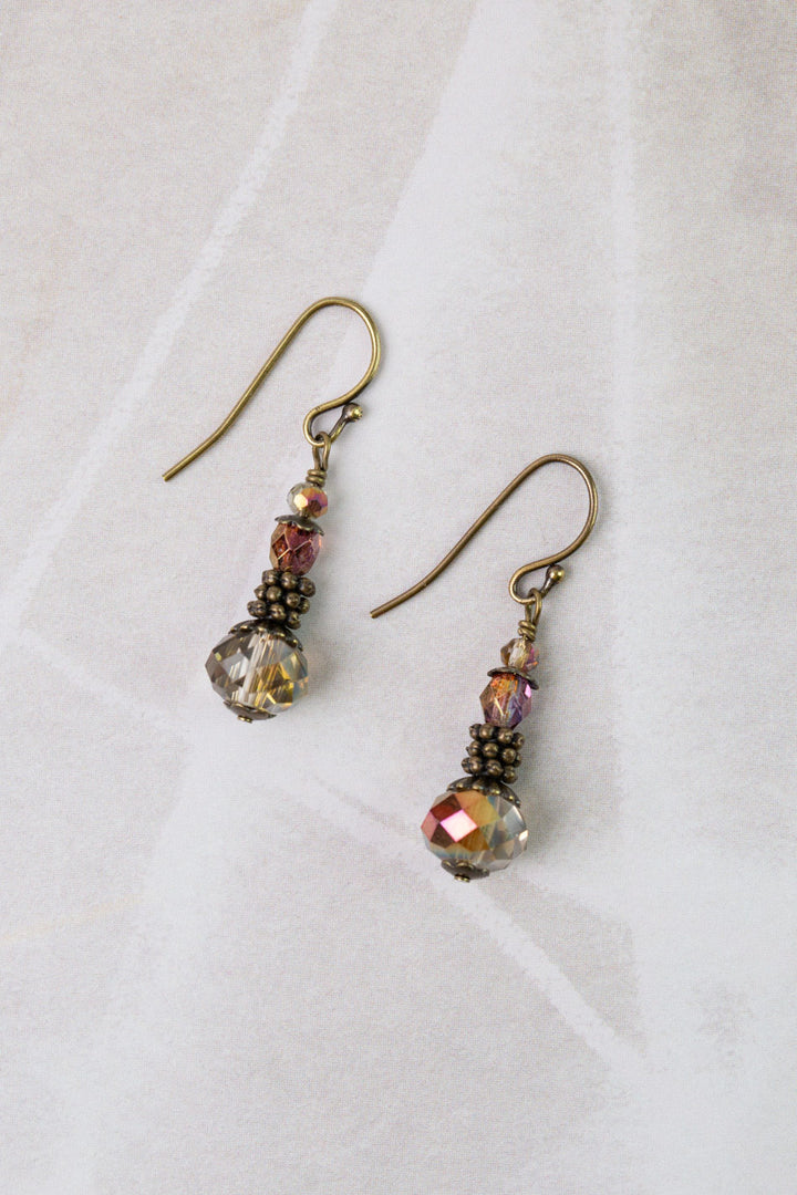 Mauve Mix Czech Glass, Plated Crystal Simple Earrings
