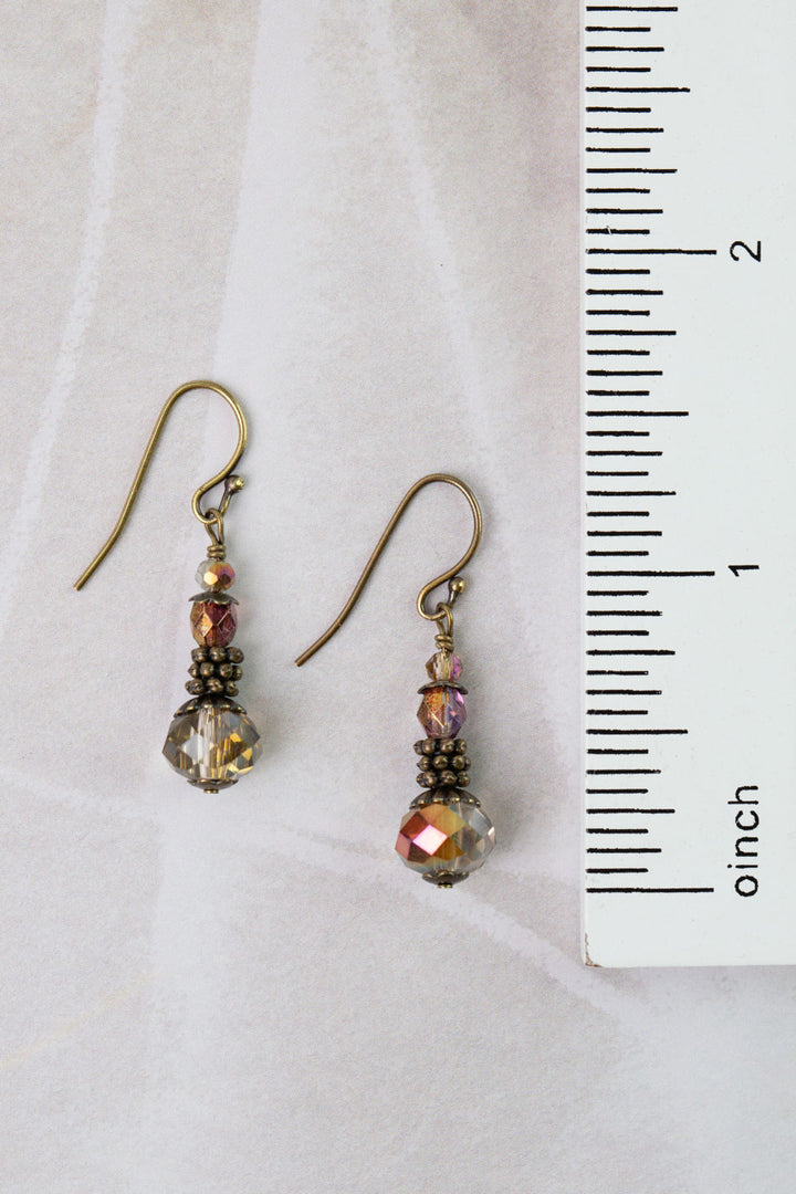 Mauve Mix Czech Glass, Plated Crystal Simple Earrings