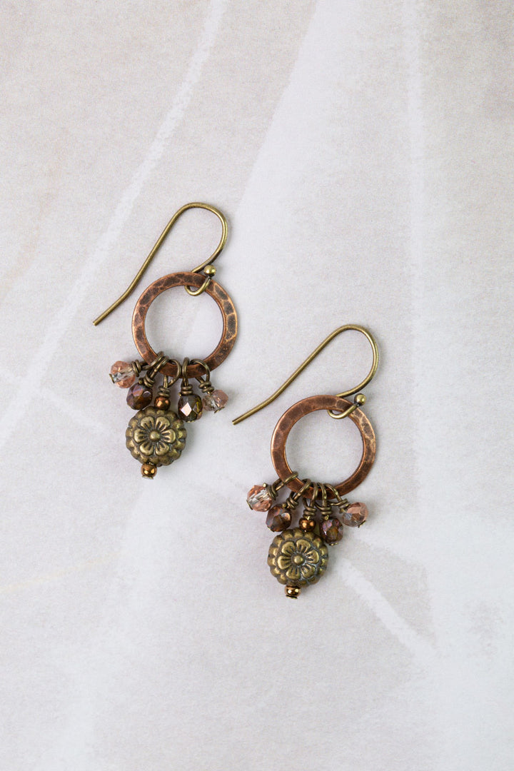 Mauve Czech Glass, Antique Copper Circles, Antique Brass Flower Simple Earrings