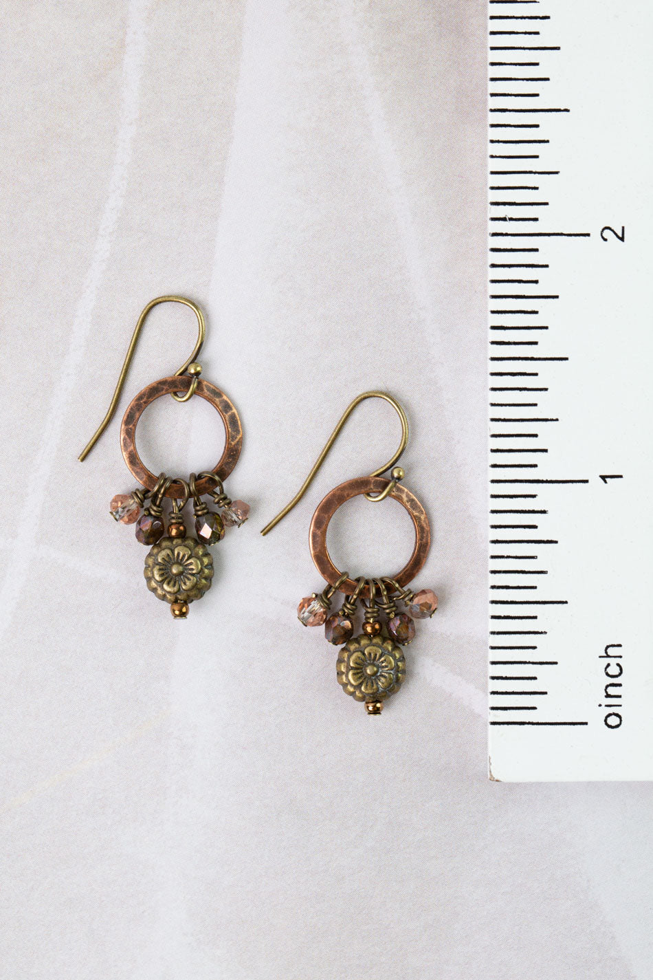Mauve Czech Glass, Antique Copper Circles, Antique Brass Flower Simple Earrings