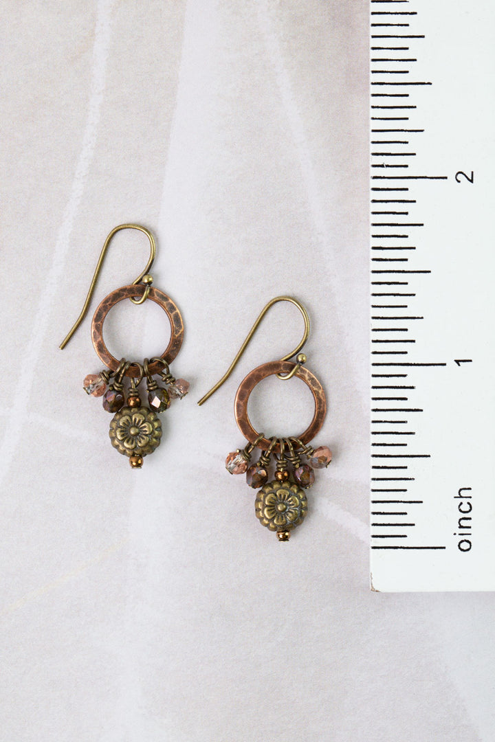 Mauve Czech Glass, Antique Copper Circles, Antique Brass Flower Simple Earrings