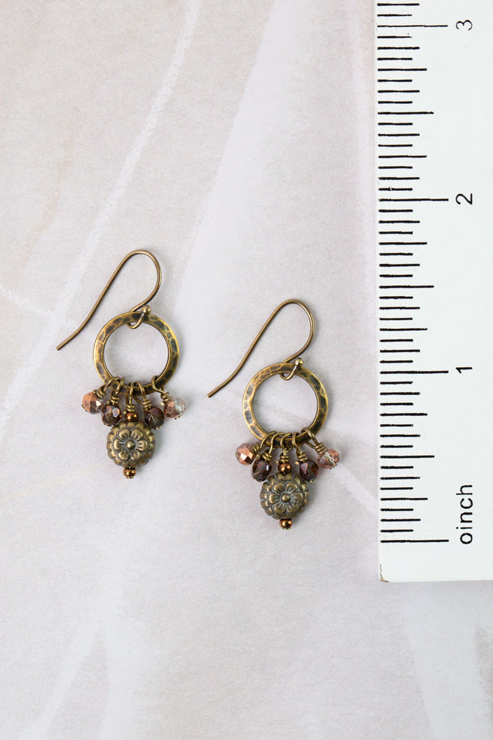 Mauve Czech Glass, Antique Copper Circles, Antique Brass Flower Simple Earrings